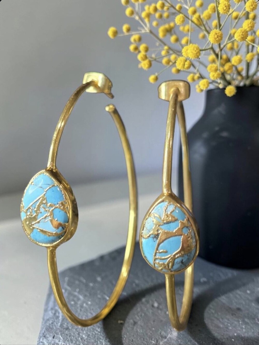 18k Gold Plated Artisan Teardrop Genuine Mohave Turquoise 2" Hoop Earrings